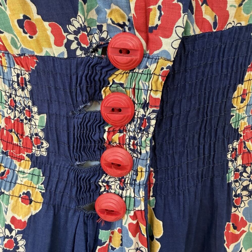 VTG 1940’s Extreme Puff Sleeve Maxi Dress Cotton Border Print Dagger Collar, L - Picture 5 of 14